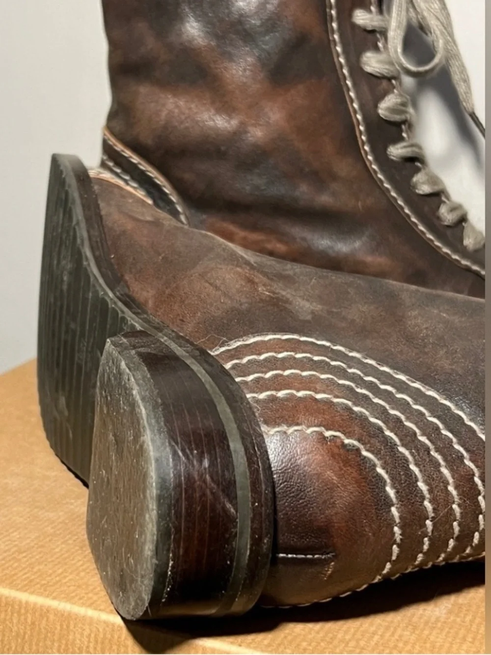 Henry Cuir Vertigo Treccia Brown Leather Lace Up Boots 37.5 US 7
